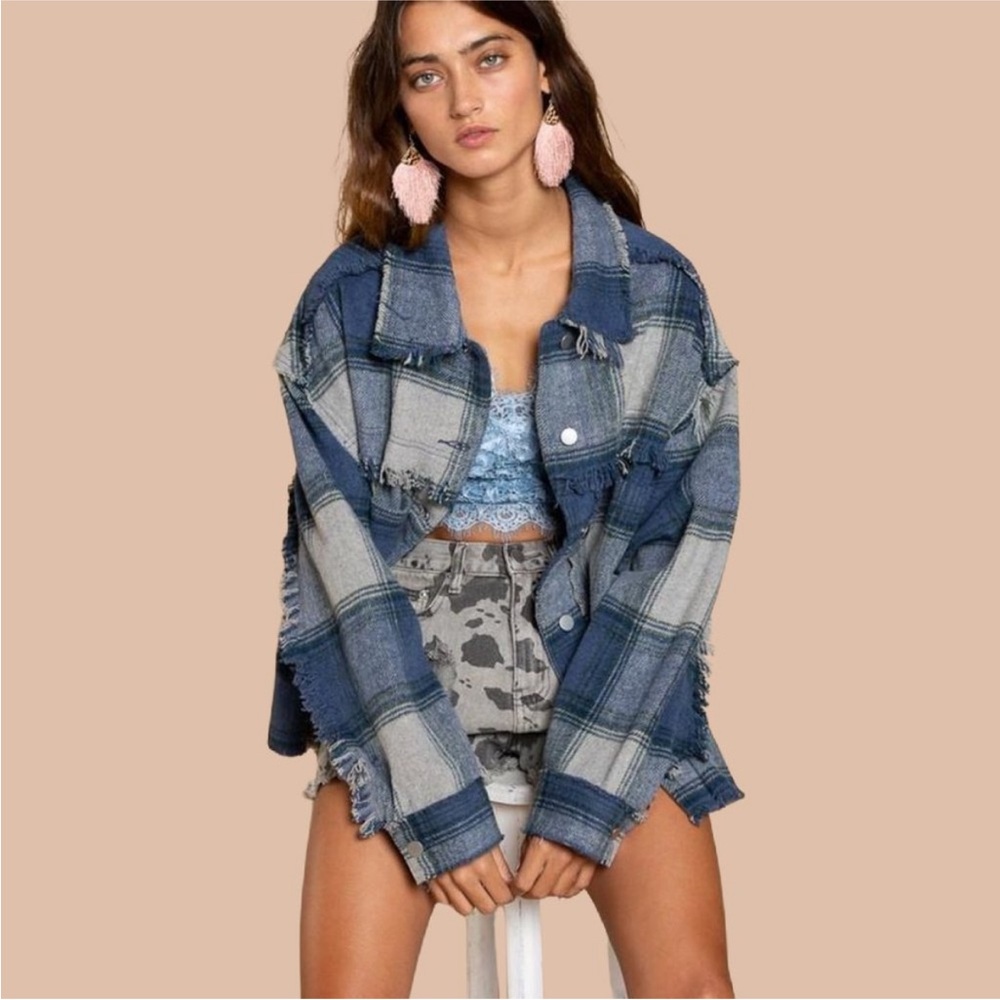 POL Blue and Grey Plaid Fringe Detail Jacket Oversized Western Boho Revival